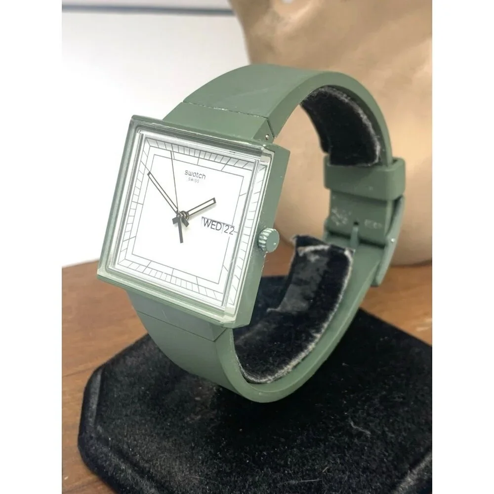 Swatch Women's Watch SO34G700 What If Swiss Quartz White Dial Green Rubber 33mm